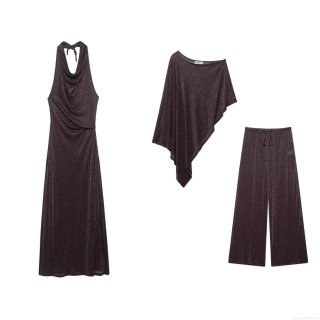 Women's Sexy Shiny Metallic Lurex Three Piece Set Asymmetric Poncho Top Halter Neck Maxi Dress And Wide Leg Pants Glitter Fabric Party Clubwear Outfits
