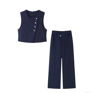 Women's 2-Piece Outfits Navy Blue Sleeveless Vest Waistcoat and High Waisted Wide Leg Pants Casual Suit Set Street Style Solid Color Outfits for Ladies