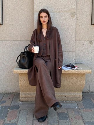 Women's 3-Piece Knitwear Set Elegant Long Cardigan V-Neck Button Vest And Wide Leg Pants Streetwear Casual Autumn Winter Outfits