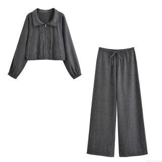 Women European Style Two Piece Set Suede Texture Short Zipper Jacket And High Waist Wide Leg Drawstring Pants Casual Streetwear 2025 Autumn Outfits