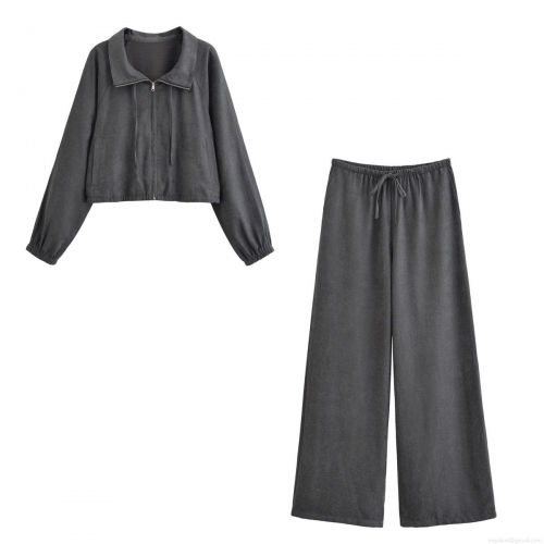 Women European Style Two Piece Set Suede Texture Short Zipper Jacket And High Waist Wide Leg Drawstring Pants Casual Streetwear 2025 Autumn Outfits