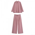 Women's 2 Piece Casual Set Solid Color Long Sleeve Button Up Shirt And High Waisted Wide Leg Pants With Belt Elegant Dusty Rose Outfits For Summer Autumn Streetwear
