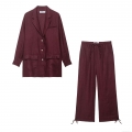 Women Elegant Wine Red Blazer And Pants Set Solid Color Long Sleeve Notch Lapel Jacket With Drawstring Tapered Trousers Two Piece Suit For Office Commute Street Style