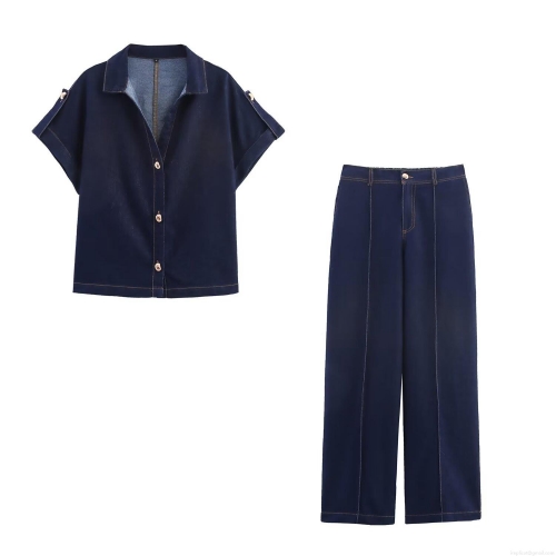 Women's Denim Two Piece Set 85% Cotton Short Sleeve Button Down Shirt And High Waist Wide Leg Pants Casual Streetwear Outfit