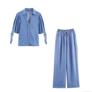 Women's 2 Piece Denim Set Bow Tie Puff Sleeve V Neck Shirt and Elastic Waist Drawstring Wide Leg Pants Light Blue Washed Cotton Blend Casual Streetwear Outfits for Women