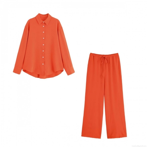 Women's Casual 2-Piece Set Polyester Long Sleeve Button Down Shirt and Drawstring Wide Leg Pants Solid Color Streetwear Tracksuit Outfits