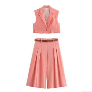Women-s 2-Piece Fashion Set Short Sleeveless Lapel Vest And High Waist Pleated Wide Leg Pants With Belt Coral Pink Polyester Streetwear Casual Outfit For Women