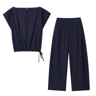 Women's Autumn Solid Sleeveless Drawstring Crop Top and High Waist Wide Leg Pants Two Piece Set Street Casual Polyester Outfits for Women