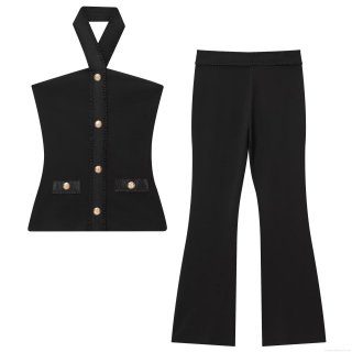 Women European American Style Black Two Piece Outfits Halter Neck Backless Top And Flared Pants Set With Gold Buttons Elegant Streetwear Casual Suit