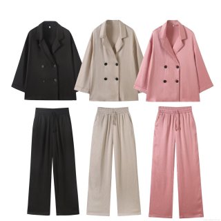 Women's 2 Piece Suit Set Pleated Texture Double Breasted Blazer Jacket and High Waist Drawstring Wide Leg Pants Casual Streetwear Solid Color Outfit