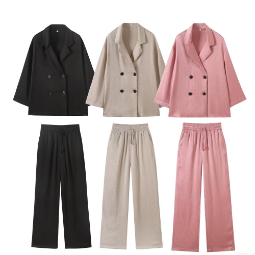 Women's 2 Piece Suit Set Pleated Texture Double Breasted Blazer Jacket and High Waist Drawstring Wide Leg Pants Casual Streetwear Solid Color Outfit