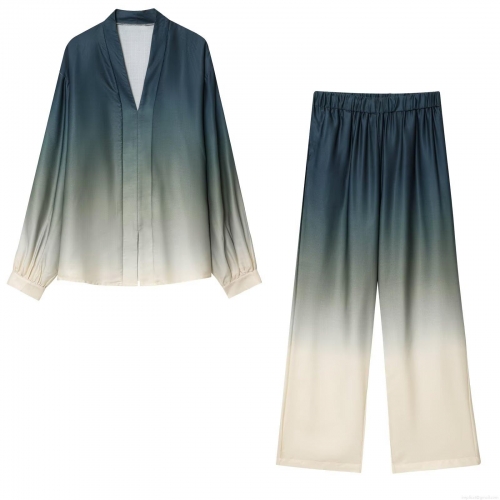 Women's 2 Piece Set Gradient Ombre Polyester Satin Long Sleeve V Neck Shirt and Wide Leg Pants Casual Streetwear Fashion Outfits for Autumn