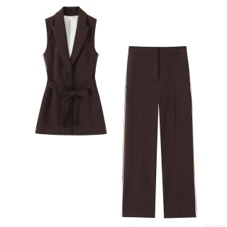Women's Two Piece Set Side Stripe Contrast V-Neck Sleeveless Vest With Belt And Straight Leg Pants European American Streetwear Fashion Autumn Outfits