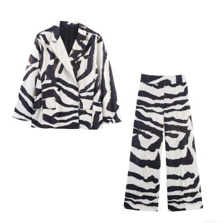 Women's Zebra Print Double-Breasted Blazer Jacket and High Waist Wide Leg Pants 2-Piece Set Polyester Long Sleeve Animal Print Western Streetwear Casual Suit Outfits