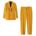 Women's 2 Piece Blazer Set Polyester Double Breasted Jacket With Straight Leg Pants Office Professional Ginger Yellow Suit Elegant Ladies Streetwear Outfit