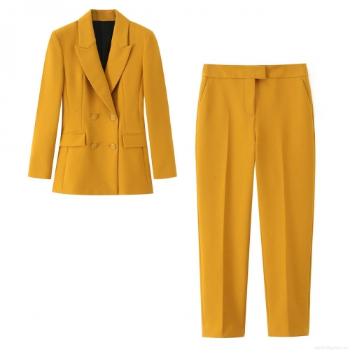 Women's 2 Piece Blazer Set Polyester Double Breasted Jacket With Straight Leg Pants Office Professional Ginger Yellow Suit Elegant Ladies Streetwear Outfit