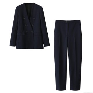 Women's Business Casual Polyester Suit Set Navy Blue Double Breasted V-Neck Blazer And Straight Leg Trousers Two Piece Set Office Lady Streetwear Autumn Outfits