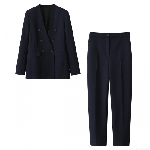 Women's Business Casual Polyester Suit Set Navy Blue Double Breasted V-Neck Blazer And Straight Leg Trousers Two Piece Set Office Lady Streetwear Autumn Outfits