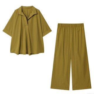 Women's Two Piece Set Solid Color Polyester Short Sleeve V-Neck Polo Shirt And Wide Leg Pants Casual Streetwear Autumn Outfits Loungewear