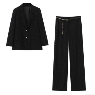 Women's Elegant Jacquard Blazer And Pants Set With Metal Chain Belt Shoulder Padded Long Sleeve Black Street Style Suit For Office Party Ladies