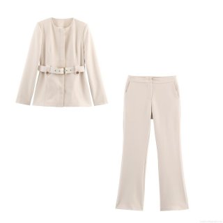 Women's Professional Blazer Pants Set Solid Polyester Long Sleeve Crew Neck Belted Blazer And High Waist Flare Pants Office Lady Suit Set