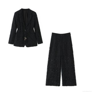 Women's Elegant Black Lace Suit Set Two Piece Floral Hollow Out Blazer Jacket and Wide Leg Pants Streetwear Autumn Office Outfits With Braided Belt