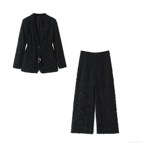 Women's Elegant Black Lace Suit Set Two Piece Floral Hollow Out Blazer Jacket and Wide Leg Pants Streetwear Autumn Office Outfits With Braided Belt