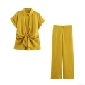 Women's Casual 2 Piece Sets Linen Blend Tie Knot Shirt And High Waist Wide Leg Pants Streetwear Outfits For Women Autumn Mustard Yellow