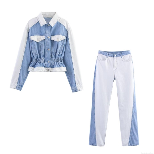 Women's Patchwork Denim Set Fashion Color Block Long Sleeve Short Jacket With Elastic Waist And High Waist Straight Leg Pants Two Piece Streetwear Outfit