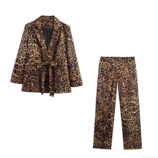 Women's Leopard Print Blazer Pants Set Fashion Long Sleeve Notched Lapel Suit With Belt Streetwear Office Party Two Piece Outfit