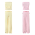 Women's Two-Piece Knit Set Solid Color Strapless Tube Top And Wide Leg Drawstring Pants Set European Style Streetwear Casual Outfits