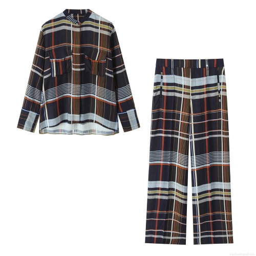 Women's Plaid 2 Piece Outfits Casual Long Sleeve Stand Collar Shirt And Wide Leg Pants Set Autumn Streetwear Polyester Button Down Top And Trousers Co-ords
