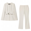 Women's Business Casual Suit Set Round Neck Long Sleeve Blazer Jacket With Belt And High Waist Flared Pants Two Piece Professional Office Outfit Cream