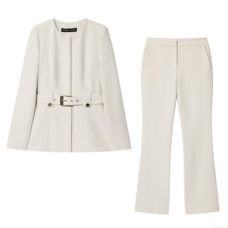 Women's Business Casual Suit Set Round Neck Long Sleeve Blazer Jacket With Belt And High Waist Flared Pants Two Piece Professional Office Outfit Cream