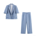 Women's 2 Piece Suit Outfit Short Sleeve Notch Lapel Blazer and High Waist Straight Wide Leg Pants Set Casual Office Business Workwear