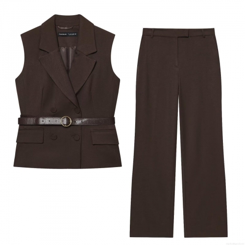 Women's Double Breasted Dark Brown Suit Vest And Wide Leg Pants Two Piece Set Professional Office Lady Waistcoat With Belt Autumn 2025 Polyester Outwear
