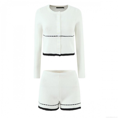 Women's Ribbed Knit Two-Piece Set Contrast Black Lace Trim Long Sleeve Button Up Cardigan And Elastic Waist Shorts Set Casual Streetwear Loungewear Outfit