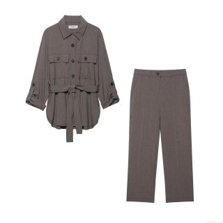 Women's Casual Two Piece Set Solid Color Polyester Long Sleeve Belted Shirt Jacket and High Waist Straight Leg Pants Streetwear Suits