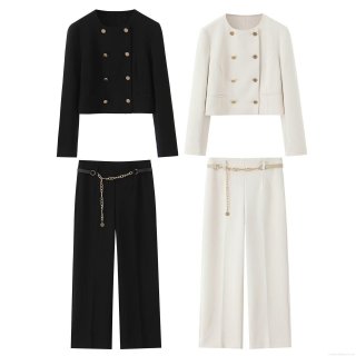 Women's Double-Breasted Short Blazer Jacket And High Waist Wide Leg Pants Two-Piece Set With Chain Belt Solid Color Streetwear Office Lady Suit Outfit