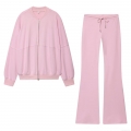 Women's Autumn Round Neck Zip Up Pilot Jacket And High Waist Drawstring Flare Pants Two Piece Set Sporty Pink Streetwear Tracksuit Polyester Knit Outfit
