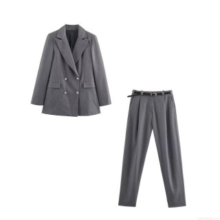 Women's Two Piece Blazer Suit Set Double-Breasted Grey Blazer Jacket With Notch Lapel And Matching High Waist Straight Leg Pants With Belt Business Casual Office Outfits Streetwear