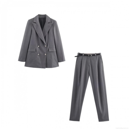 Women's Two Piece Blazer Suit Set Double-Breasted Grey Blazer Jacket With Notch Lapel And Matching High Waist Straight Leg Pants With Belt Business Casual Office Outfits Streetwear