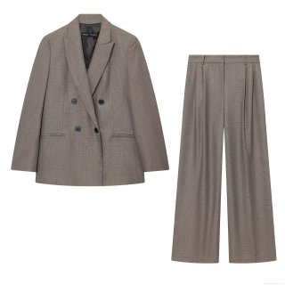 Women's Two Piece Double Breasted Blazer and High Waist Wide Leg Pants Set Business Casual Office Suit With Shoulder Pads Polyester Blend Autumn Winter Fashion