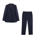 Women's Professional Office Suit Set No-Collar Double Breasted Blazer and Straight Leg Pants 2 Piece Set Autumn Western Style Commuter Polyester Solid Color Deep Blue Business Outfit