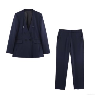 Women's Professional Office Suit Set No-Collar Double Breasted Blazer and Straight Leg Pants 2 Piece Set Autumn Western Style Commuter Polyester Solid Color Deep Blue Business Outfit