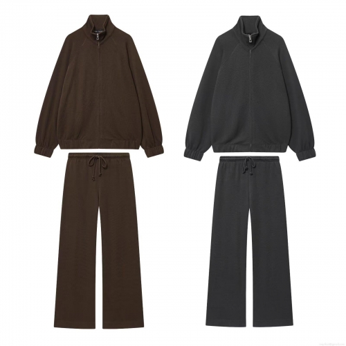 Women's 2025 Autumn European Streetwear Stand Collar Zipper Hoodie Jacket And Wide Leg Pants Two Piece Casual Sportswear Set Outfits