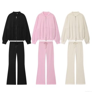 Women's Two Piece Casual Set Solid Color Long Sleeve Stand Collar Zipper Jacket and High Waist Flare Leg Pants Streetwear Autumn Polyester Tracksuit