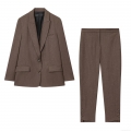 Women's Autumn Professional Suits Set Mocha Brown Solid Lapel Blazer With Back Slit And Matching Buttoned Hem Straight Leg Pants Formal Office Lady Business Casual 2 Piece Outfits