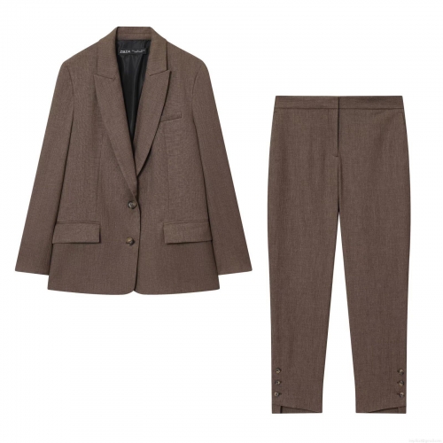 Women's Autumn Professional Suits Set Mocha Brown Solid Lapel Blazer With Back Slit And Matching Buttoned Hem Straight Leg Pants Formal Office Lady Business Casual 2 Piece Outfits