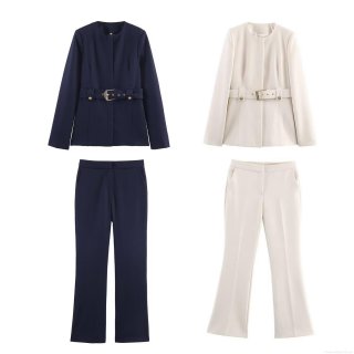 Women's Elegant 2 Piece Suit Set Solid Color Polyester Round Neck Blazer With Metal Buckle Belt And Flare Pants Outfits Office Lady Streetwear Workwear Sets